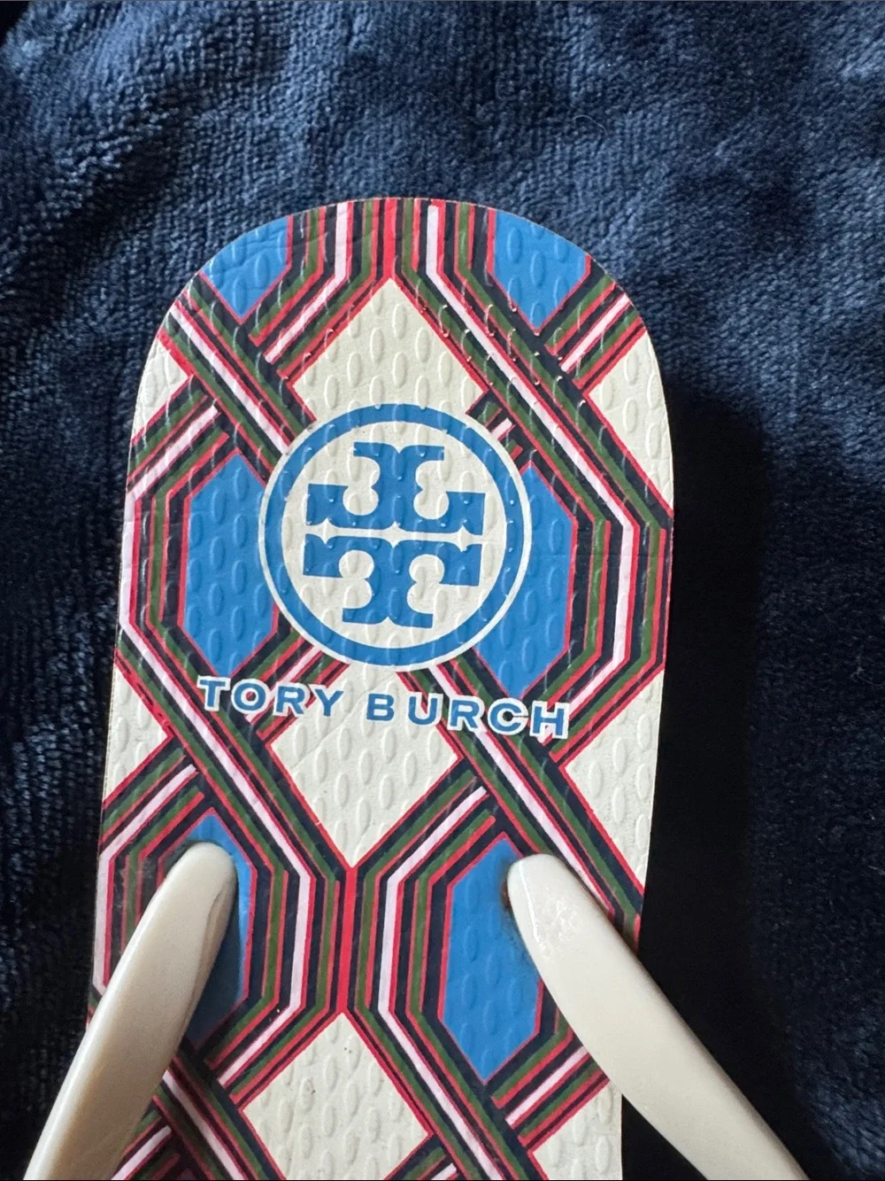 Tory Burch Blue, Cream and Red Geometric Logo Flip Flops
